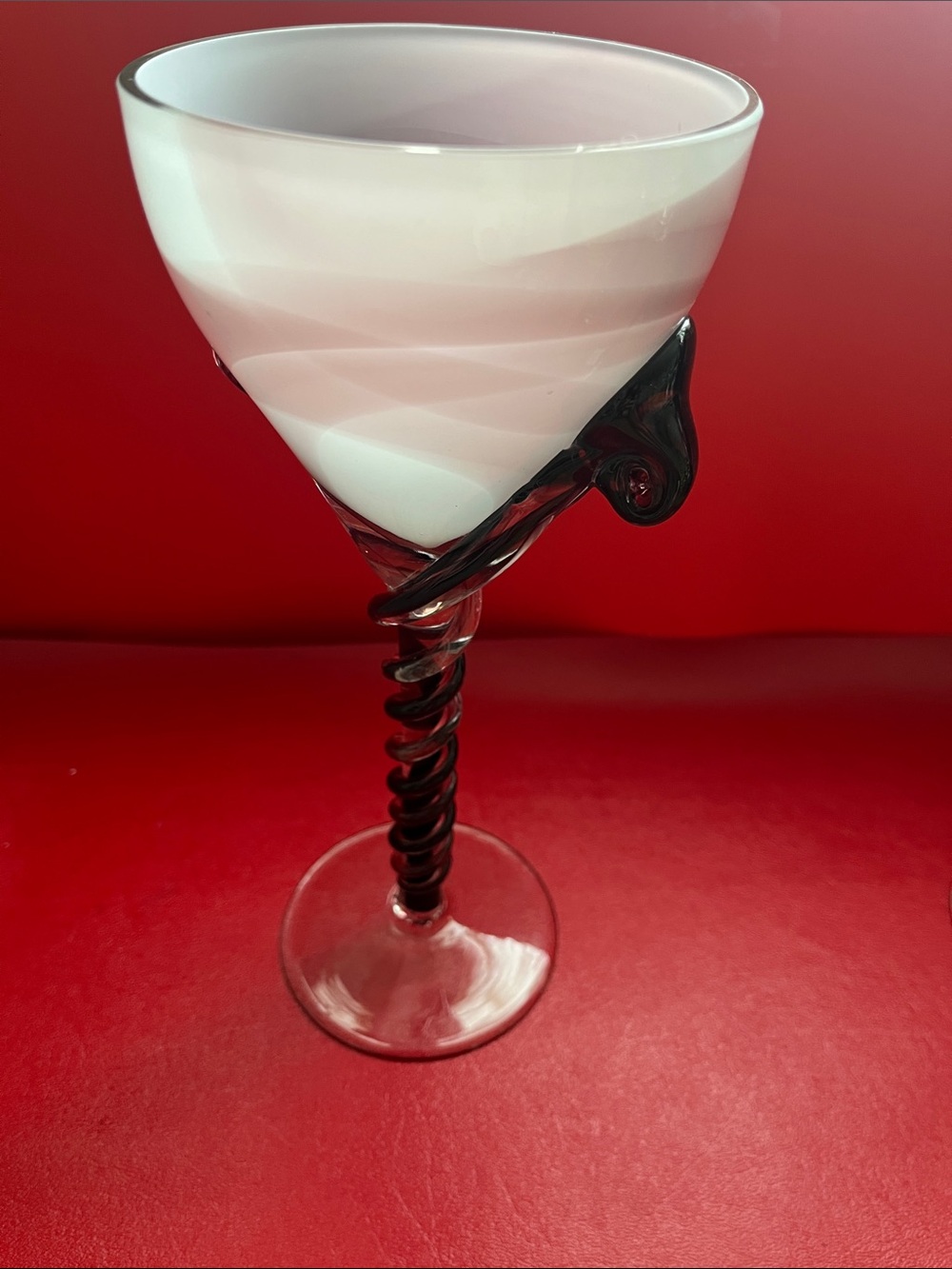 AMETHYST and white marble Large Hand-Blown Art Glass Spiral Stem Goblet